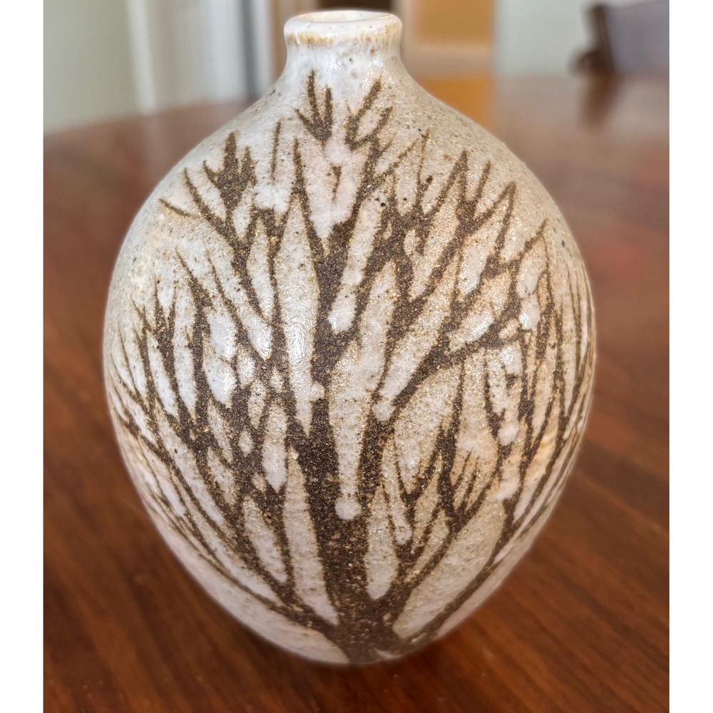 Anderson Design Maine Studio‎ Pottery Bud Vase Hand Painted Tree Cream Glaze 5"